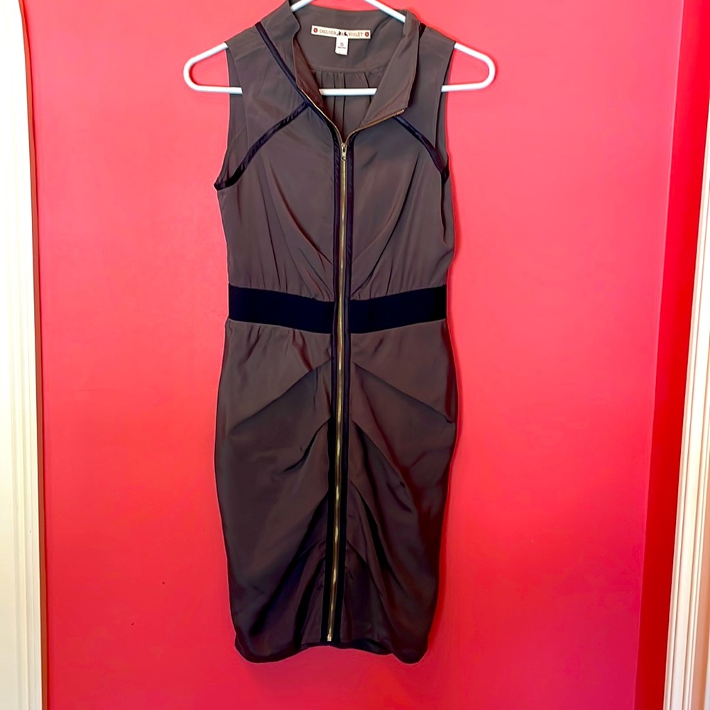 Olive w/ black trim Chelsea and Violet dress with zipper front, size S.